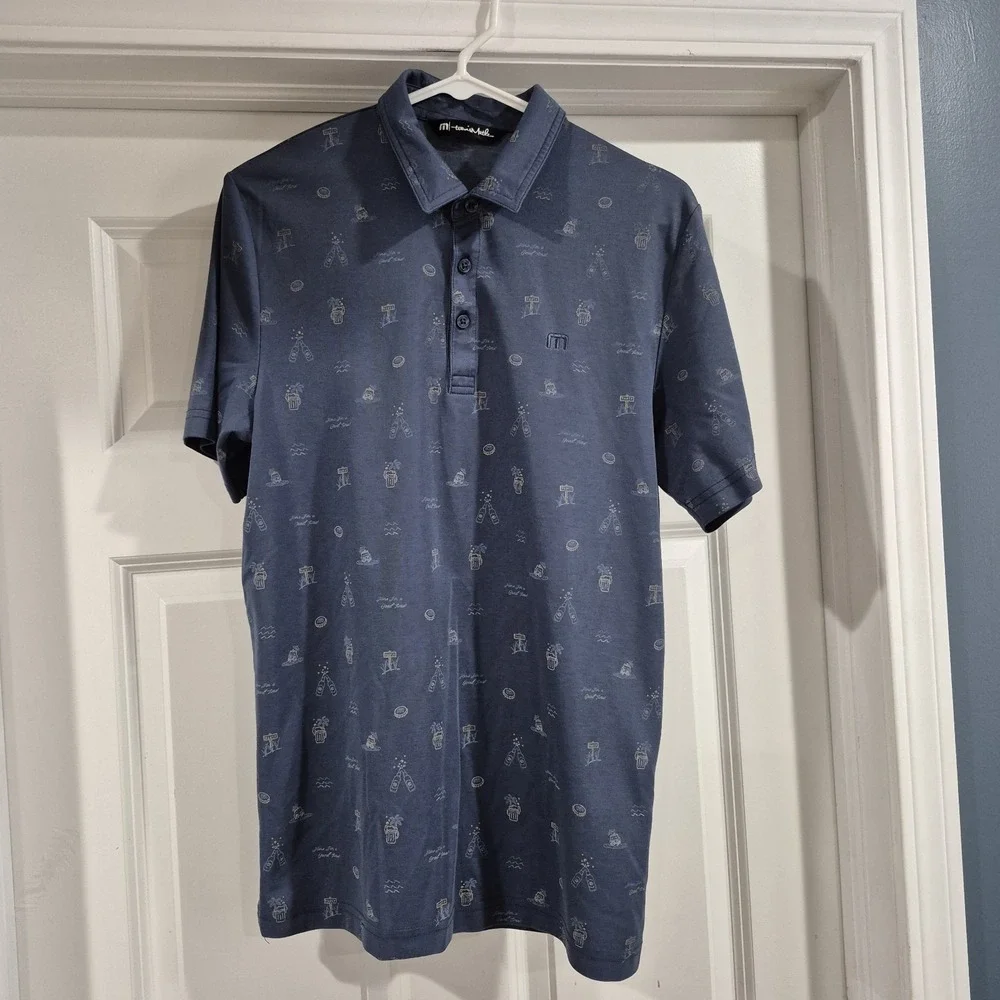 Travis Mathew Polo Shirt Mens Medium Slate Blue Golf Beer Beach Party‎ Pima Logo